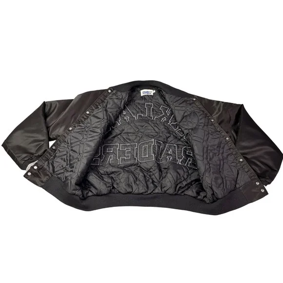Chalk Line Oakland Raiders Satin Bomber Jacket  XL Black Silver Snap Front NFL - Picture 4 of 8